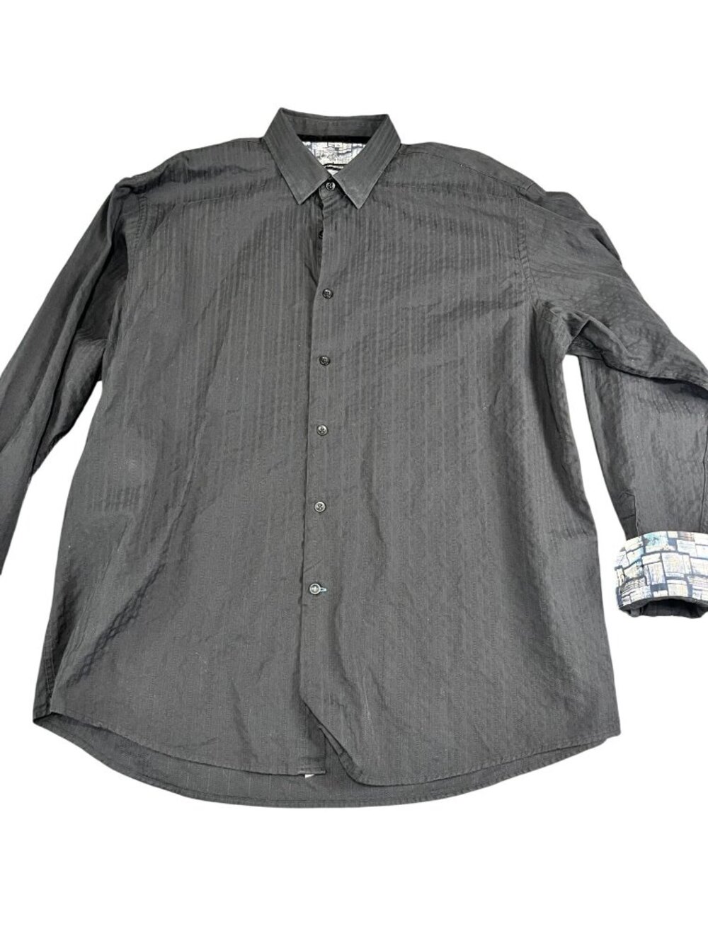 Visconti Uomo Mens Black Button-Up Long Sleeve Shirt Patterned Cuffs XL